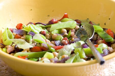 warm salad with chick peas and leekの写真素材