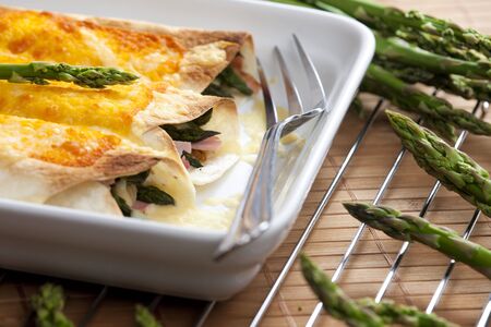 baked tortillas with green asparagus and hamの写真素材
