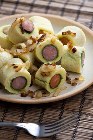 potato dumplings with sausageの写真素材