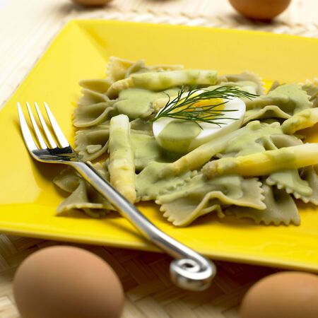 farfalle with white asparagus and dill-pepper sauceの写真素材