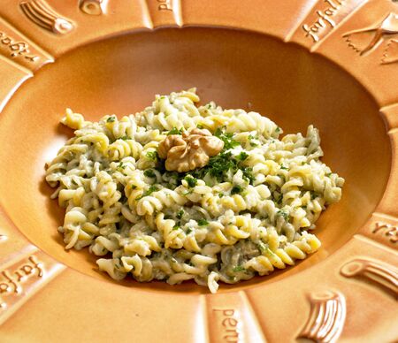 fusilli with sauce from blue cheese and walnutsの写真素材