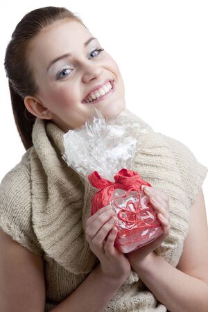 portrait of sitting woman with a presentの写真素材