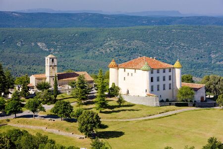 church and chateau in Aiguines, Var Departement, Provence, Franceの写真素材