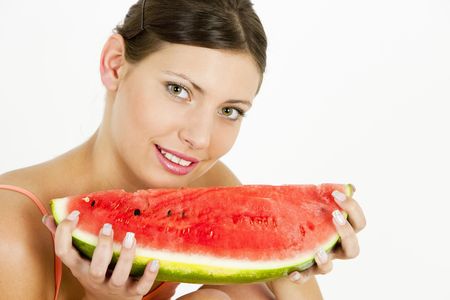 portrait of woman with water melonの写真素材