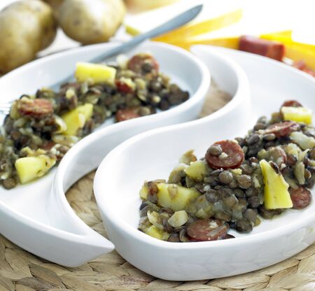 lentil with potatoes and chorizoの写真素材