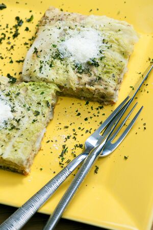 savoy cabbage lasagne with smoked meatの写真素材