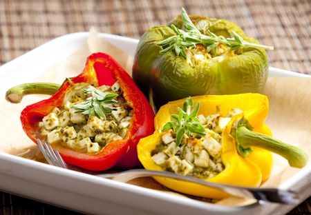 baked peppers filled with feta cheeseの写真素材