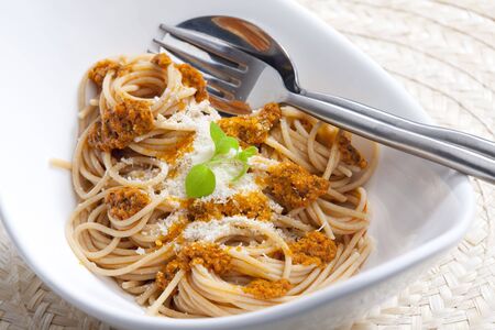 spaghetti with pestoの写真素材