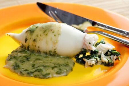 sepia filled with spinach and ham with spinach and ricotta sauceの写真素材