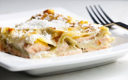 spinach lasagne with salmonの写真素材
