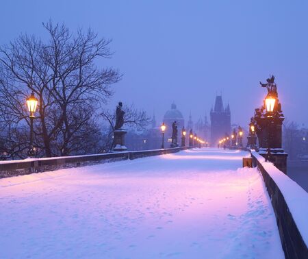 Charles bridge in winter, Prague, Czech Republicの写真素材