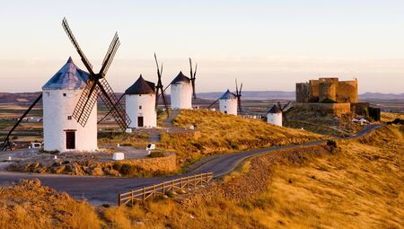 windmills with castle, Consuegra, Castile-La Mancha, Spainの写真素材
