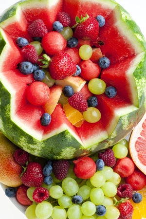 fruit salad in water melonの写真素材