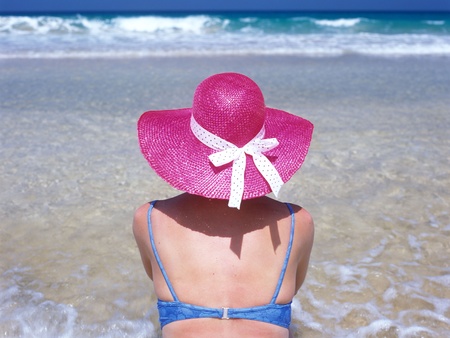 woman on the beach, Fuerteventura, Canary Islands, Spainの写真素材