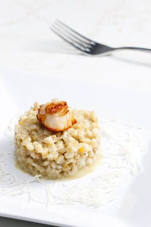 fried Saint Jacques mollusc with pearl barley risottoの写真素材