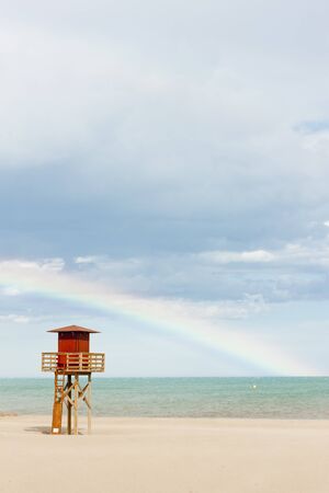 lifeguard cabin on the beach in Narbonne Plage, Languedoc-Roussillon, Franceの写真素材