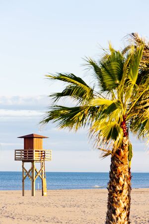 lifeguard cabin on the beach in Narbonne Plage, Languedoc-Roussillon, Franceの写真素材