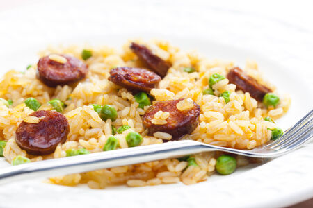risotto with chorizo and peaの写真素材