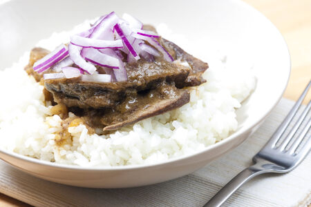 beef rump steak with onion and riceの写真素材