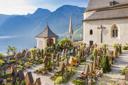 Hallstatt, mountain village in Austrian Alps, Austriaの写真素材