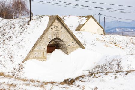 Traditional wine cellars in Hercegkut near Sarospatak Tokaj region Hungary