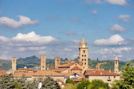 medieval towers in Old City of Alba in Piedmont, Italyの写真素材