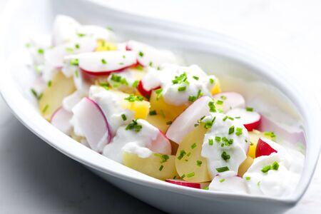 spring potato radish salad with garlic dipの写真素材