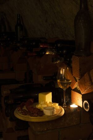 Traditional food in a wine cellar with archival wine, Znojmo region, Southern Moravia, Czech Republicの写真素材