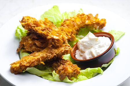 homemade chicken strips with garlic dipの写真素材