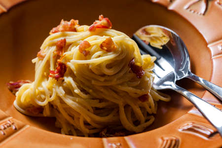 Pasta Carbonara with Bacon and Egg and Parmesan Cheeseの写真素材
