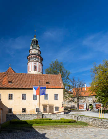 View of the castle from the first courtyard in Czech Krumlov, Southern Bohemia, Czech Republicのeditorial素材