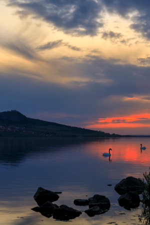 Sunset over Nove Mlyny lake in Palava region, Southern Moravia, Czech Republicの写真素材