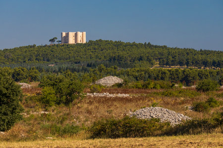 Castel del Monte, castle built in an octagonal shape by the Holy Roman Emperor Frederick II in the 13th century in Apulia region, Italyのeditorial素材