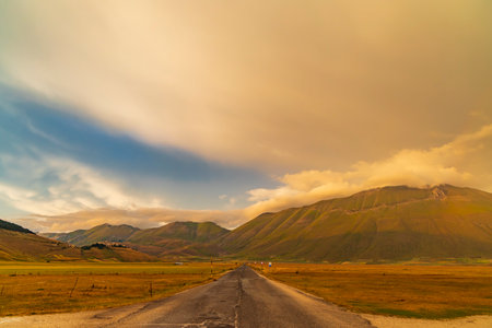 landscape near Castelluccio village in National Park Monte Sibillini, Umbria region, Italyの写真素材