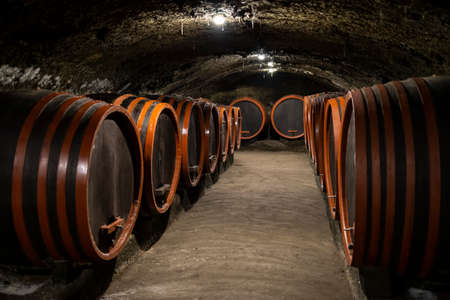 wine cellars with barrels, traditional wine called Bikaver near Eger, Hungary