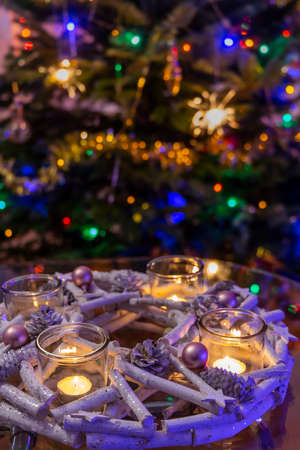 modern advent wreath with christmas treeの写真素材