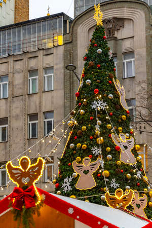 Christmas tree on Wenceslas Square in Prague Czech Republicの写真素材