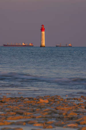 Phare de Chauvea near Ile de Re with ships to La Rochelle, Pays de la Loire, Franceの写真素材
