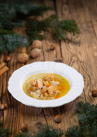 Traditional Christmas food in the Czech Republic - fish soupの写真素材