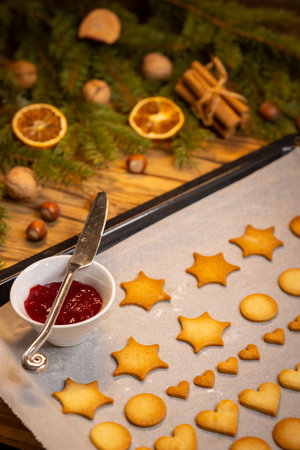 Christmas linzer cookies on the baking trayの写真素材