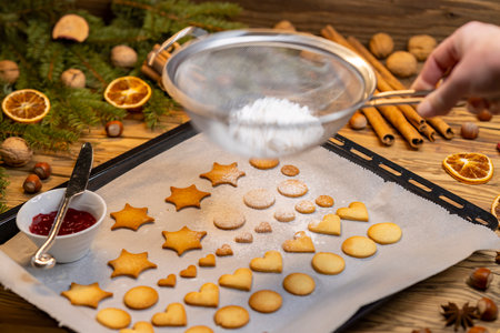 Christmas linzer cookies on the baking trayの写真素材