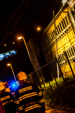 firefighters during  extinguishing of the fireの写真素材