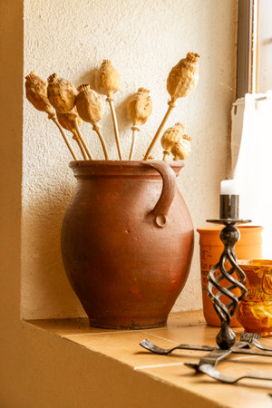 still life with dry poppies by the window, Mor, Hungaryの写真素材