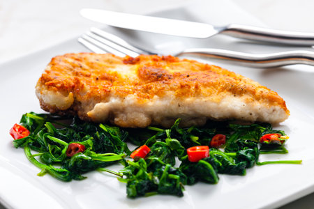 roasted duck breast served with salad of spinach leaves and chilli pepperの写真素材