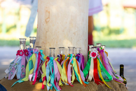 Detail of folk decoration on wine bottles, Rakvice, Southern Moravia, Czech Republicの写真素材