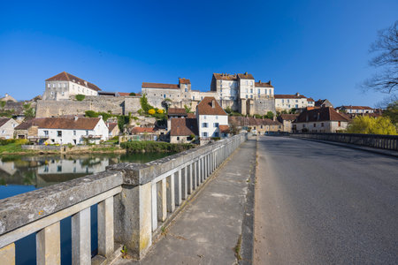 Typical small town Pesmes with river L Orgon, Haute-Saone, Franceの写真素材
