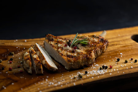 pork cutlet with a bone on rosemary and pepperの写真素材