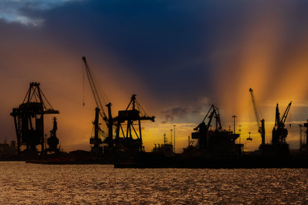 Port and industrial zone in Taranto, Apulia, Italyの写真素材