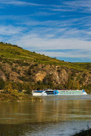 Wachau valley, ship on Danube river, Austriaの写真素材