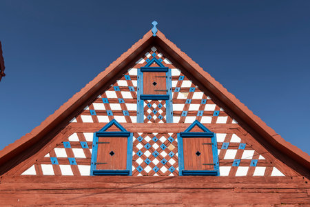 Half-timbered farmhouse, folk architecture in Doubrava, Western Bohemia, Czech Republicの写真素材